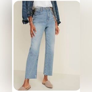 Old Navy Sky-HI straight extra high rise blue jeans raw hem